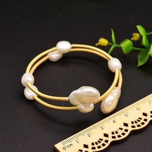 Handmade baroque freshwater pearl multi-layer gold wire wrap bracelet with size scale
