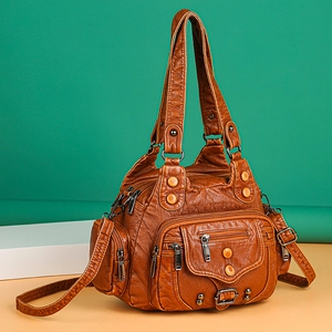 Retro caramel brown washed leather tote bag with multi-pocket and shoulder strap
