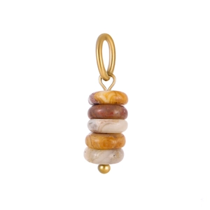 Close-up of stacked natural stone beads in earthy tones with a matte gold metal loop
