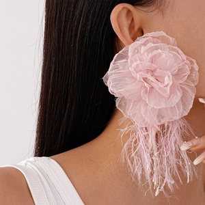 Detailed view of pink handmade floral earrings with soft tulle petals and fringe tassels