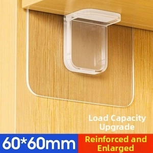 Detail view of 60x60mm transparent adhesive shelf support peg on wooden cabinet wall