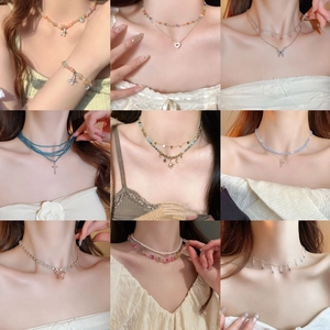 Butterfly Heart Zircon Necklace Glass Beads Crystal Pendant Fashion Collarbone Chain For Women Jewelry