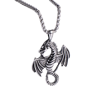 Vintage silver dragon pendant necklace with detailed wyvern wings and box chain for men