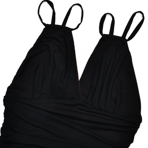 Detail of sexy deep V-neck mesh dress with pleated cross wrap design in black