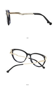 Detail view of cat eye TR90 frame with golden curved metal temples and black side tips