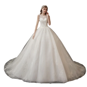 Elegant sleeveless bridal gown with floral embroidery and a long royal train in white