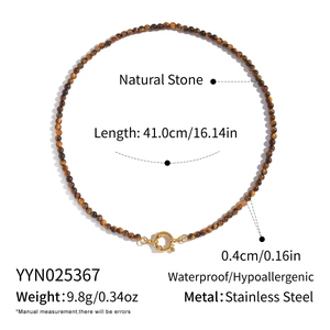 Detailed specs of natural tiger eye stone bead necklace with stainless steel measurements