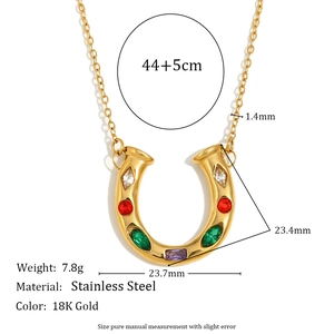 18K gold plated stainless steel horseshoe pendant necklace with colorful gemstones