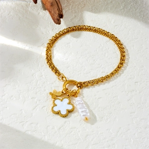 Double-layer gold stainless steel bracelet with butterfly flower and pearl charms