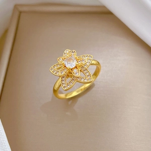 Rotierender vergoldeter Blumenring mit Zirkonia, doppellagiges Design, verstellbar