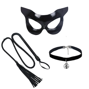 Three-piece black leather cat mask set with woven whip and bell choker necklace