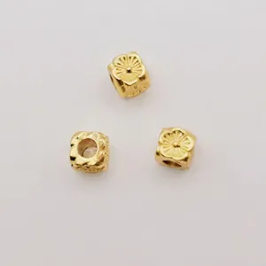Ancient gold-plated 4mm 6mm square beads with floral engraving for DIY jewelry making