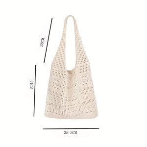 Detailed dimensions of a hollow crochet knit tote bag showing height and width