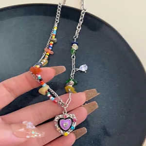 Colorful mixed stone necklace with purple heart pendant and silver chain Y2K style
