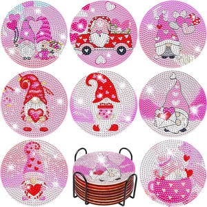 Diamant-Malerei Untersetzer-Set zum Valentinstag mit 8 Wichtelmotiven und Metallhalter