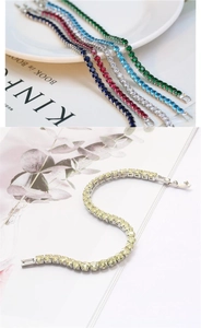 Close-up of vibrant multi-color tennis bracelets with classic cubic zirconia claw setting