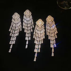 Luxurious geometric diamond-shaped long tassel earrings with sparkling zircon crystals