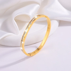 Stainless Steel Roman Numeral Bangle Bracelet With Single Row Cubic Zirconia Gold Plated Fashion Jewelry For Women Elegant Party Gift