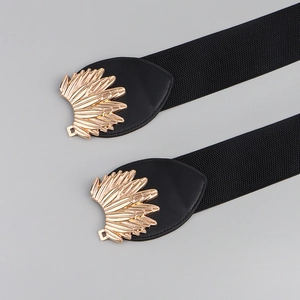 Elastic black waist belt with stylish golden wing-shaped metal buckle for women's dresses