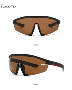 Front and 45-degree side views of retro oversized shield sunglasses with tea lenses