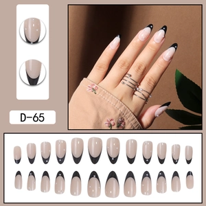 Unghie finte a mandorla French nere con perle bianche e base nude set da 24