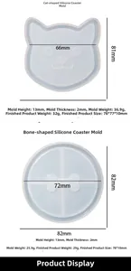 Détails des moules en silicone pour dessous de verre avec motifs chat et os et tailles