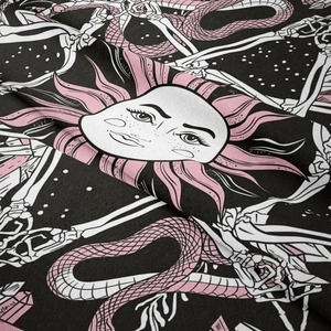 Detailed fabric texture of mushroom tapestry with sun and snake gothic print