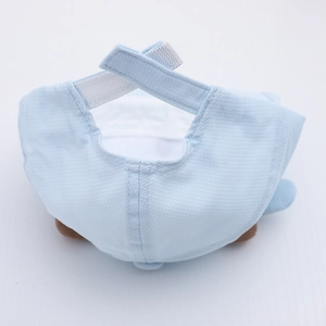 Detailed view of the light blue baby hat featuring breathable mesh and velcro strap