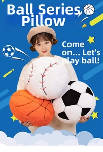Detailed plush soccer, basketball, and baseball pillows shown with a model for size