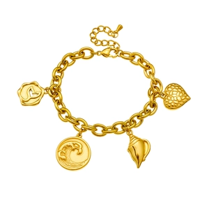 Gold plated stainless steel chain bracelet with ocean charms like shell and fish tail