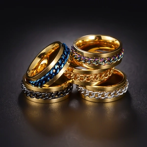 Men's spinning titanium steel chain ring set in gold, blue, and black finishes