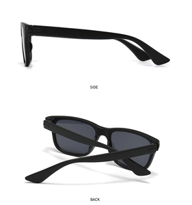 Detailed side and back views of black round frame sunglasses with metallic hinges