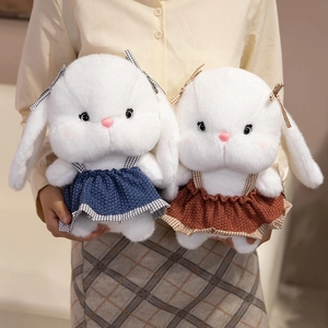 Rabbit Plush Toy Soft Long Fur Stuffed Animal Wearing Knit Dress Gingham Bow Cute Bunny Doll For Kids Birthday Gift
