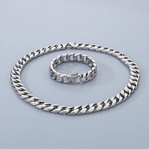 Silver 15mm stainless steel Cuban link chain necklace and bracelet set for men