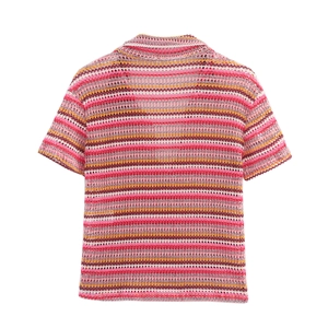 Women's colorful striped crochet polo top and shorts set with hollow knit texture