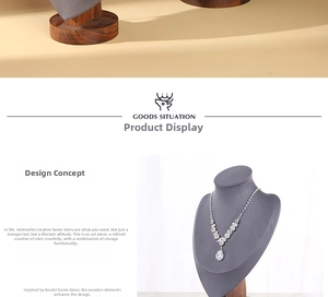 Detailed view of gray velvet mannequin bust with walnut base for necklace display