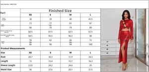 Detailed size chart for women's sequin skirt two-piece set in centimeters and inches