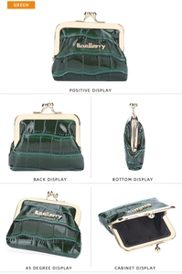 Detail view showing green crocodile texture coin purse with gold metal clasp from five angles
