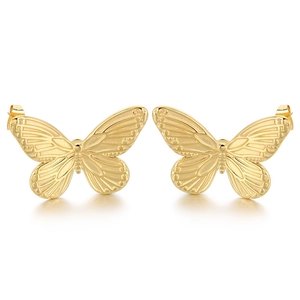 Minimalist golden stainless steel butterfly stud earrings with vintage textured wings