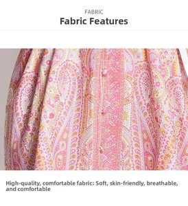 Detail of pink paisley fabric with fabric-covered buttons and soft breathable texture