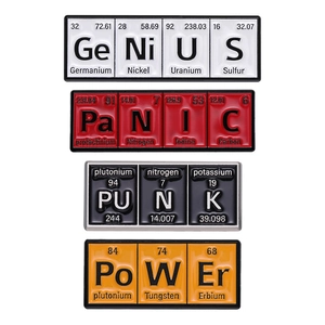 Set of four Periodic Table enamel pins spelling Genius, Panic, Punk, and Power keywords