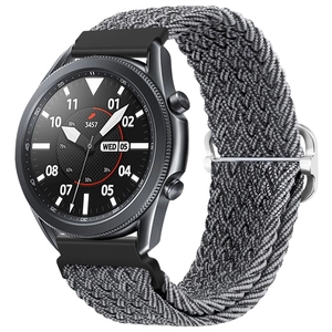 Detail view of grey nylon braided strap on a smartwatch with a dark metal case