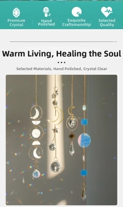 Detail of sun catcher crystals casting rainbow light reflections on a white wall