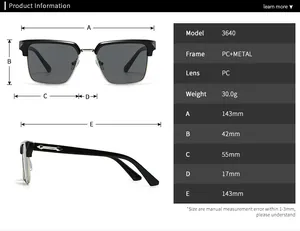 Size chart for 3640 square sunglasses with frame and lens measurements and weights