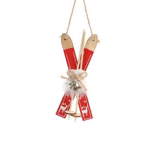 Nordic red wooden sleigh ornament with reindeer snowflake prints and bells for Christmas trees