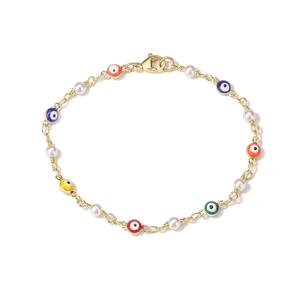 Detail of gold chain bracelet with colorful evil eye beads and white pearls