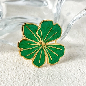 Vintage Stainless Steel Enamel Flower Open Ring For Women Adjustable Green Four Leaf Clover Gold Plated Elegant Jewelry Gift