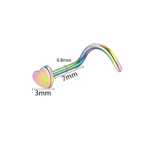 Rainbow heart stainless steel nose stud with L-shaped post for nose piercings