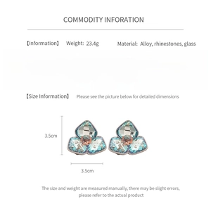 Detailed spec sheet showing 3.5cm diamond flower earrings with weight and material info