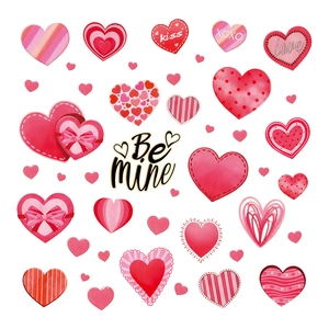 Valentine's Day heart stickers set with red and pink patterns like polka dots and bows